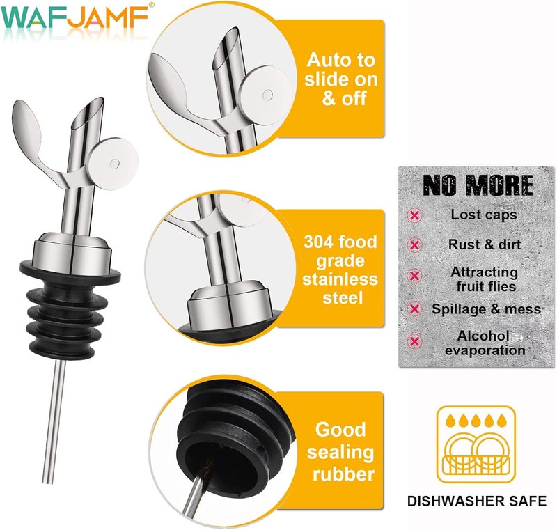 WAFJAMF Weighted Stainless Steel Bottle Pourers, Auto Flip Feature Self Closing Olive Oil Dispenser Spout with 1 Cleaning Brush, Liquor Pour Spouts for Pours Liquid, Olive Oil, Wine, Vinegar (Silver) - Image 1